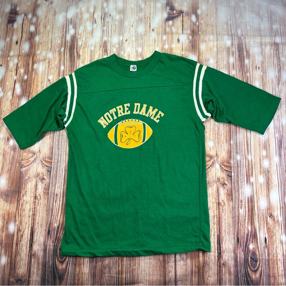 Vintage 70s  Artex Notre Dame  T-Shirt  Green 3/4 Sleeve Size XL